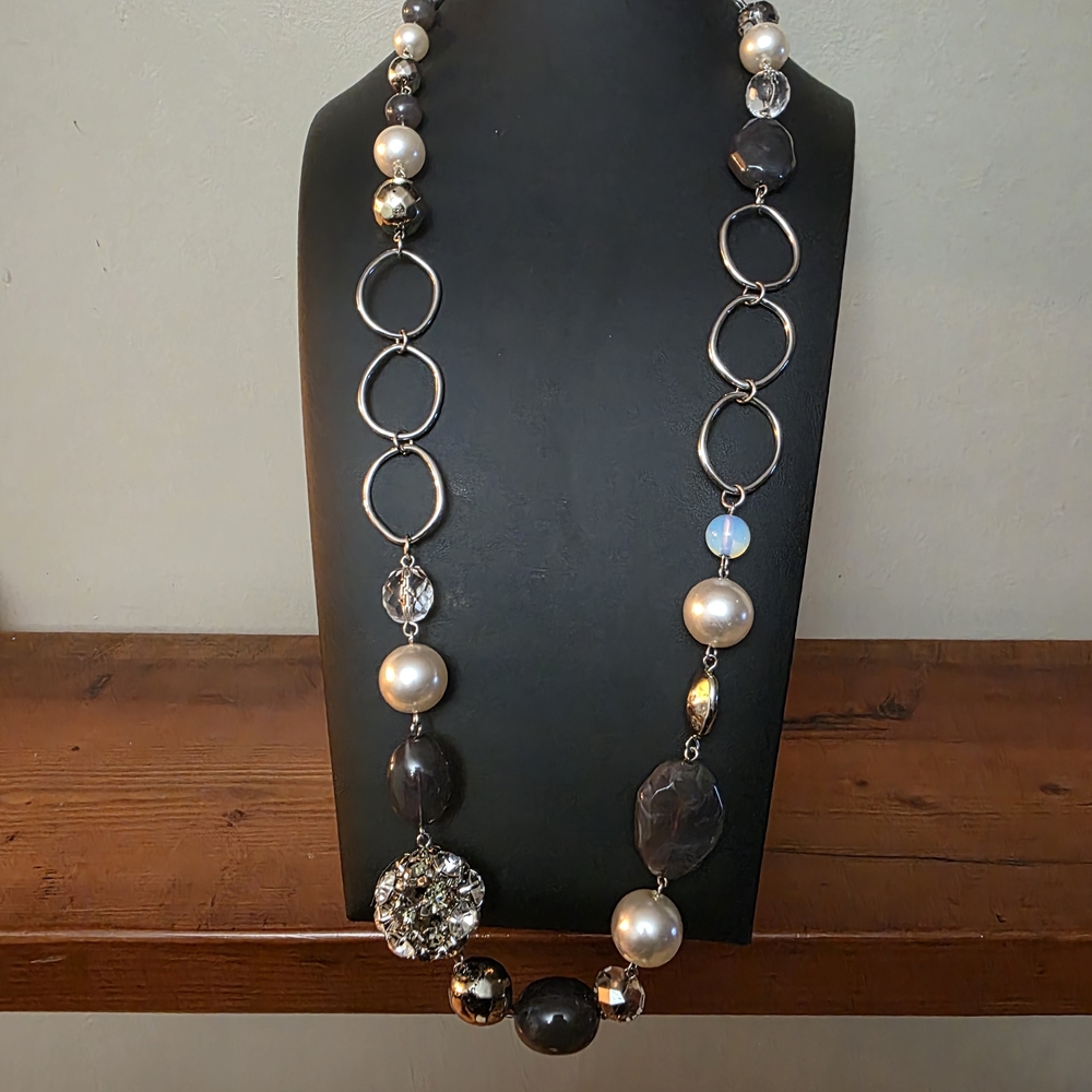Long Elegant Silve, Black And White Faux Pearl Necklace. Rhinestone Ball. Fun!